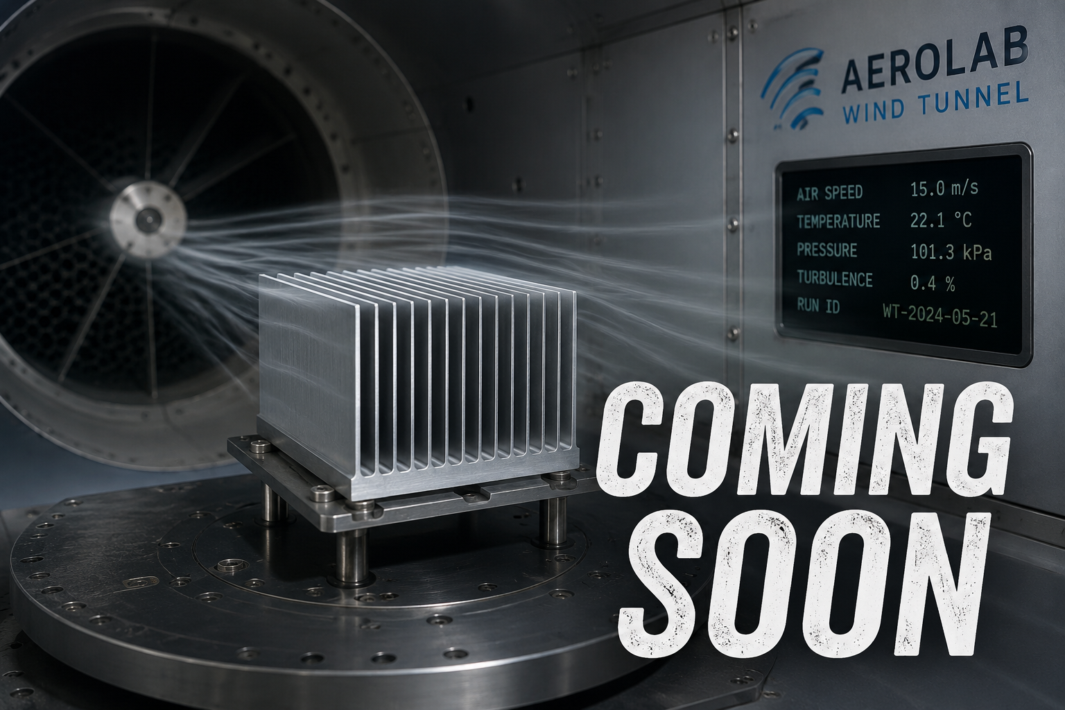 AeroLab wind tunnel testing a heat sink — Tutamen Santa Clara Thermal R&D Laboratory · Coming Soon