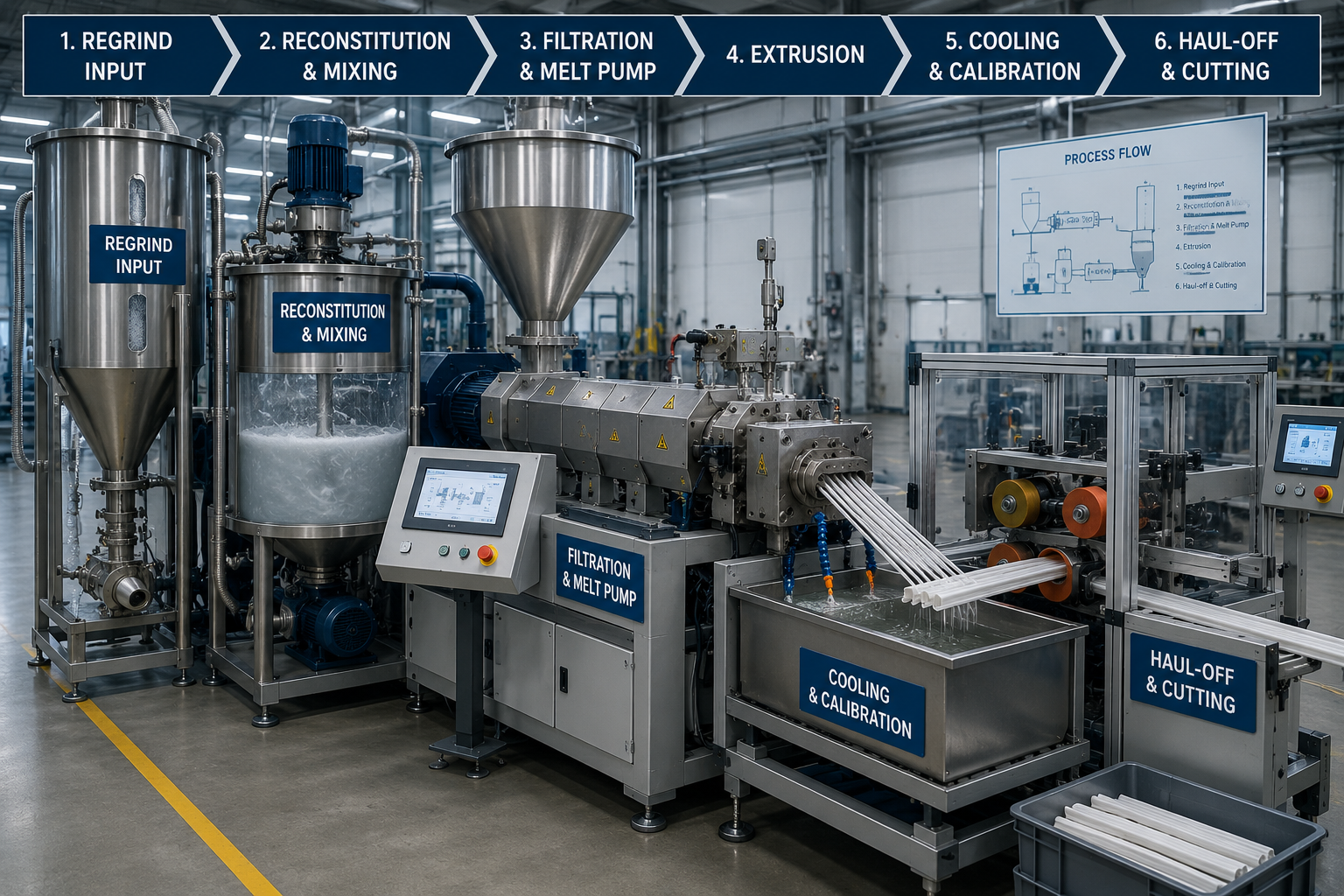 Polymer reclamation and extrusion line — regrind input, reconstitution, filtration, extrusion, cooling, and haul-off stages