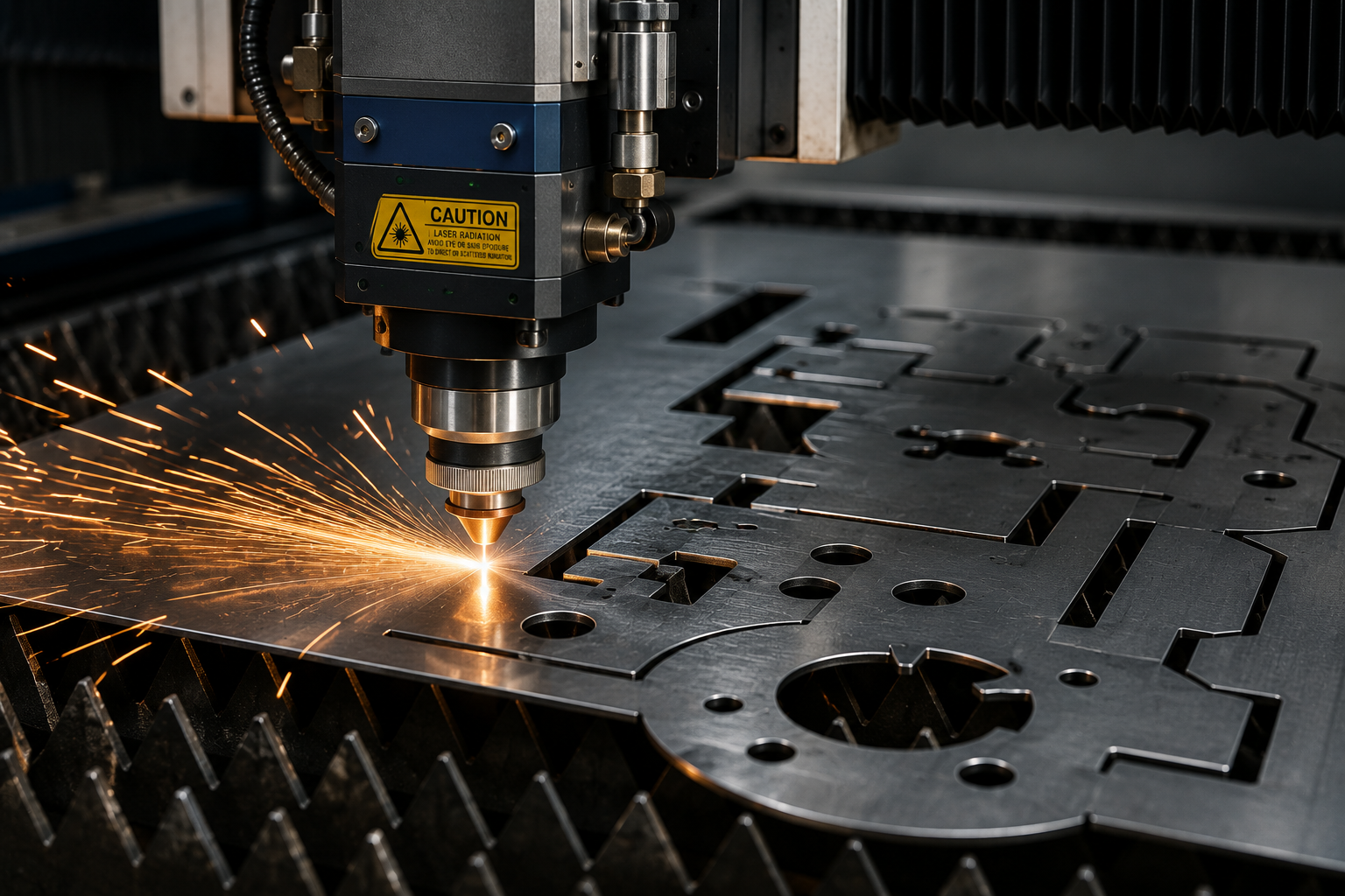 Fibre-optic laser cutter mid-cycle on a sheet of steel — Tutamen Tijuana Plant 02 metal fabrication